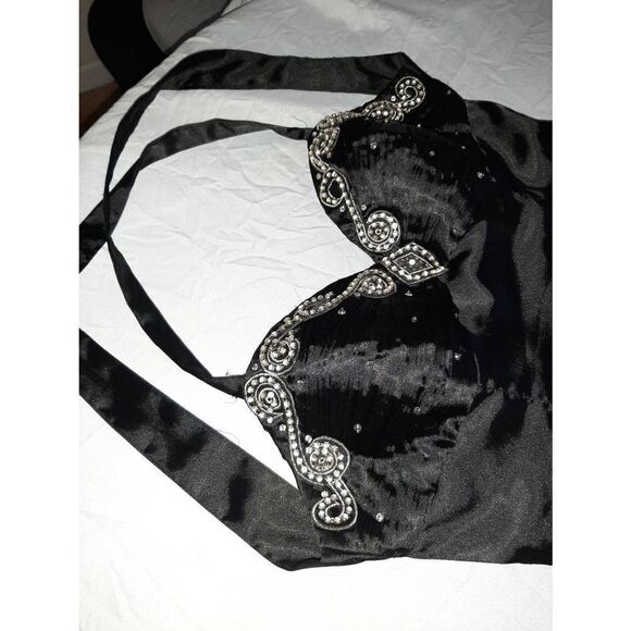 Size 10 Cinderella Black Rhinestone Halter Strap Maxi Mermaid Floor Length Train - Picture 2 of 10